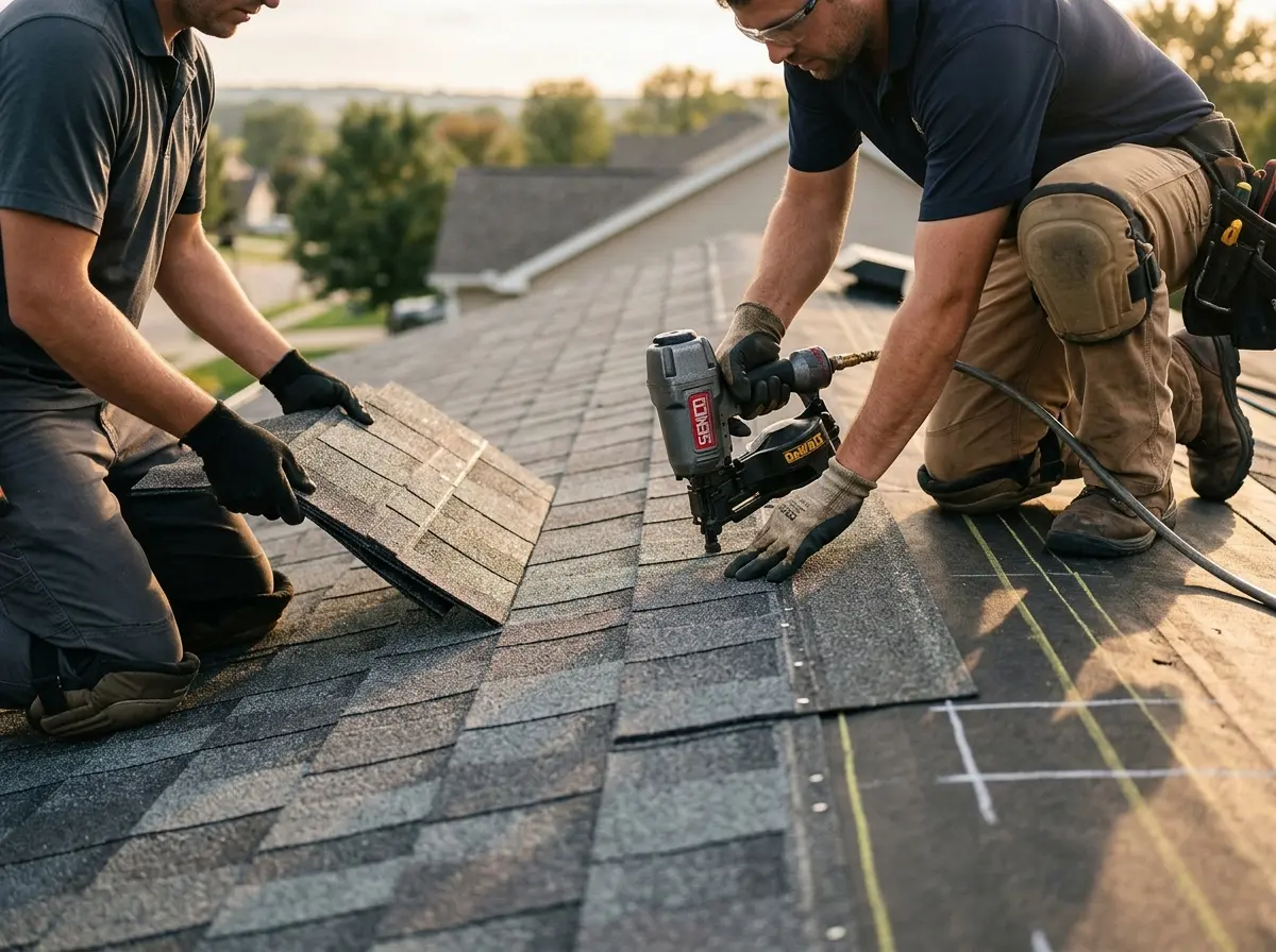 Professional roofer working on a residential roof in Poquoson